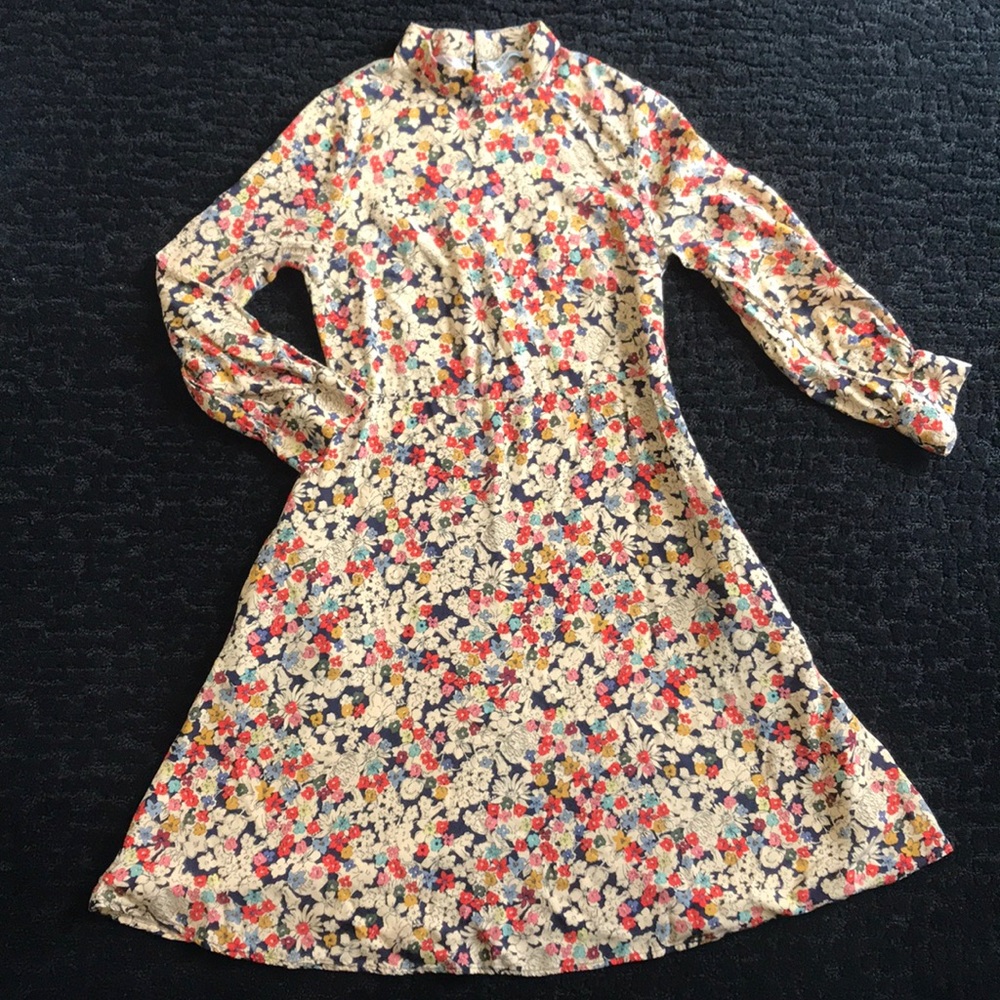 Zara Floral Midi Dress in Cream with Red, Navy & Yellow Accents